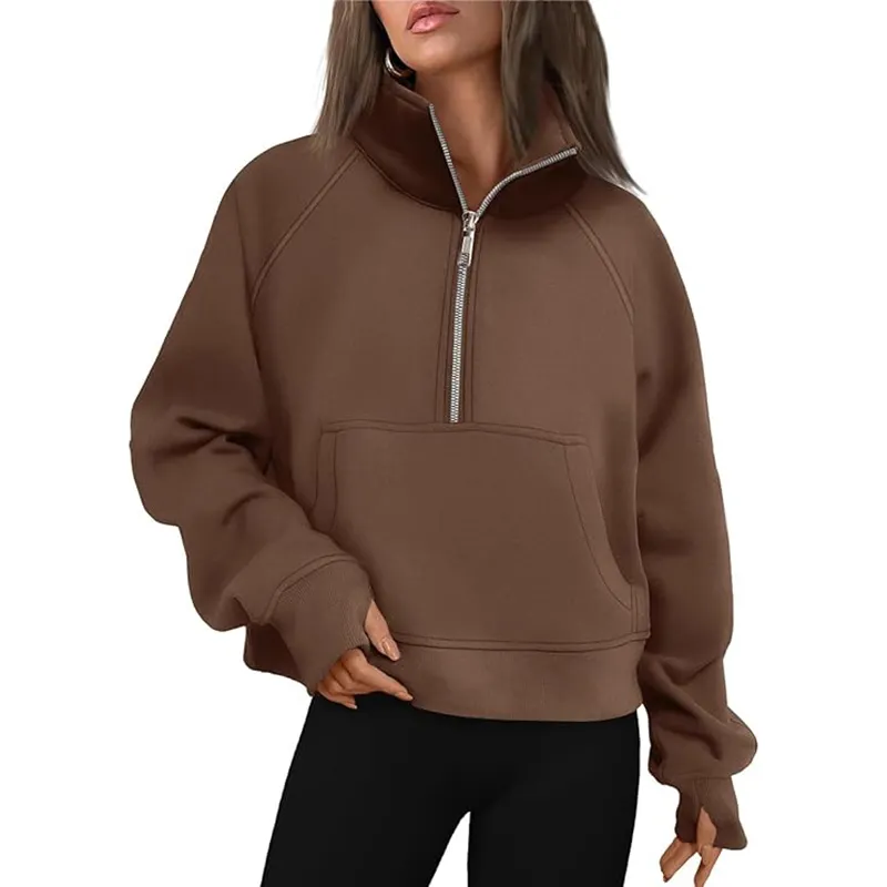 Maxct Casual Half Zipper Plush Hoodies Women Loose Solid Lapel Pockets Sweat Shirt Female Autumn Chic Warm Sports Yoga Outwear