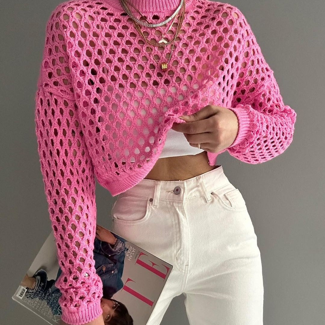 Maxctshop sweater Spring and Summer New Knitwear Bell Sleeve Loose round Neck Hollow Sweater for Women - Image 4