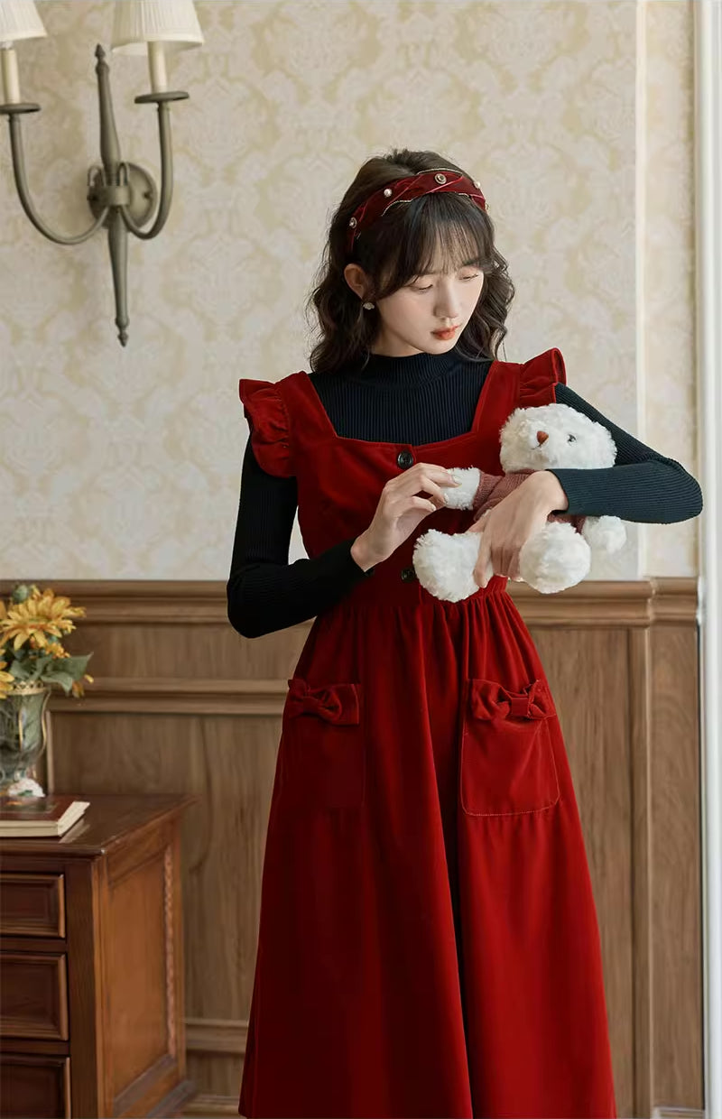 Velvet Frilly Bow Pinafore Dress Maxct