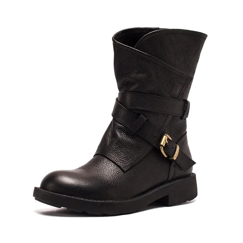 Womens Retro Mid Calf Boots for Winter Buckles Boots Coffee/Brown/Black Maxct