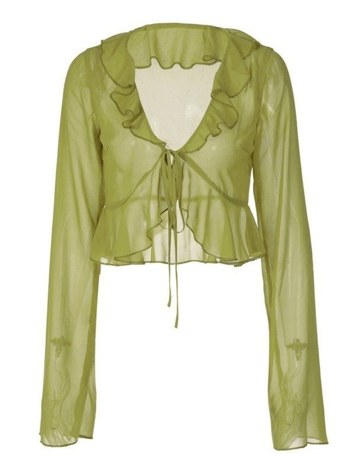 Maxct Sheer Mesh Ruffle Long Sleeve Crop Blouse