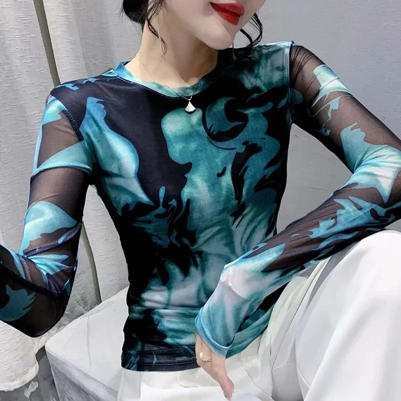 Maxct Full Sleeve O-Neck T-shirt Girls Stretchy Printed Mesh TShirts Tops Woman Stretchy Slim Tee