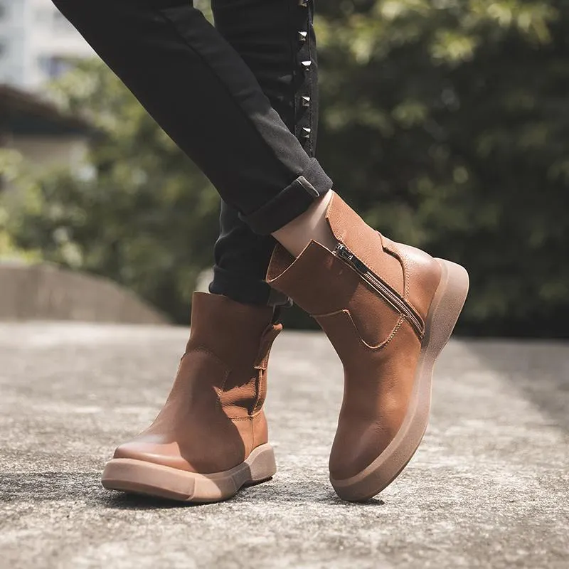 Waxing Short Boots for Winter Side Zipper Chelsea Boots Black/Coffee Maxct