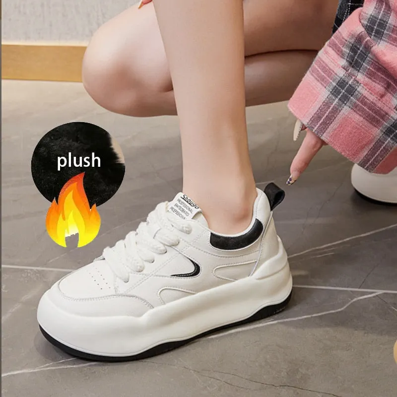 Stylish Women's White Leather Chunky Trainers with 6cm Heel Maxct