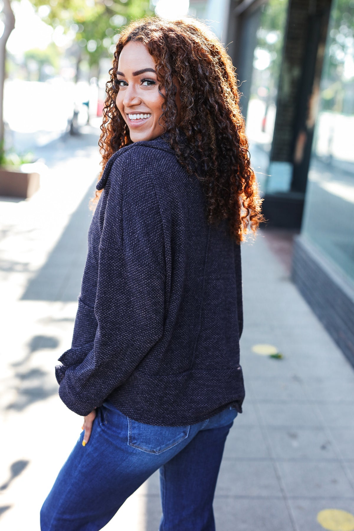 Maxct &Easy Living Charcoal Textured Knit Notch Neck Oversized Collar Sweater