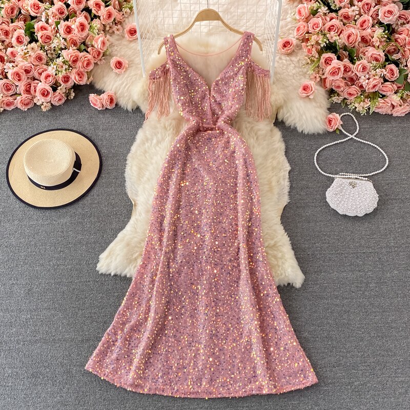Sequins Party Maxi Dress For Women Sexy V-Neck Short Sleeve High Waist Tassel Long Robe Female Elegant Vestidos