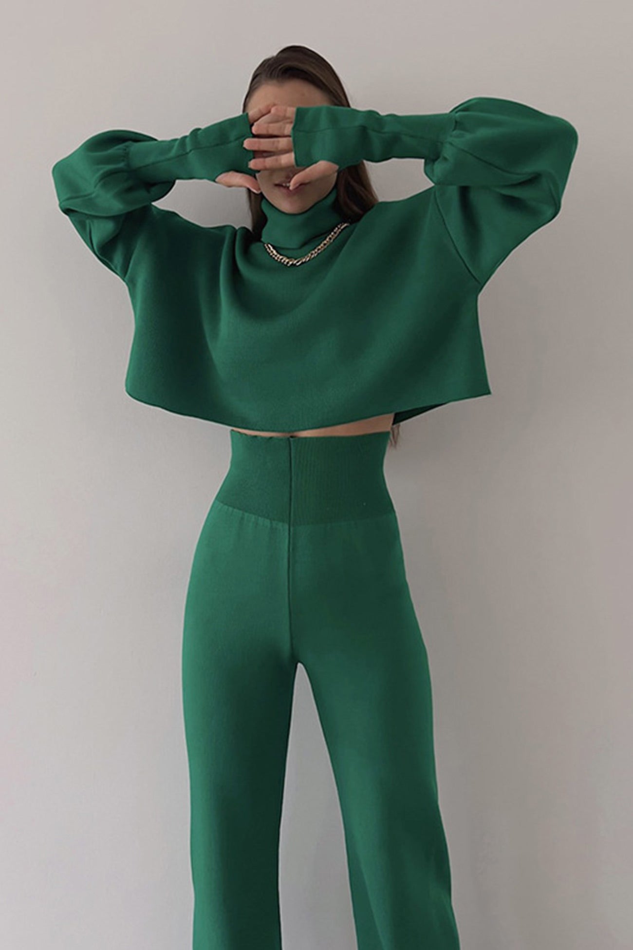 Maxct Solid High Neck Crop Top Long Pants Set