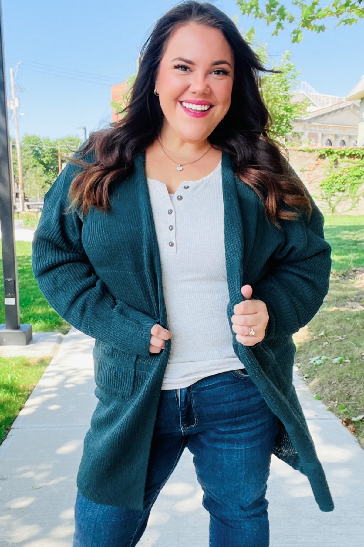 Maxct &Everyday Hunter Green Striped Knit Open Cardigan