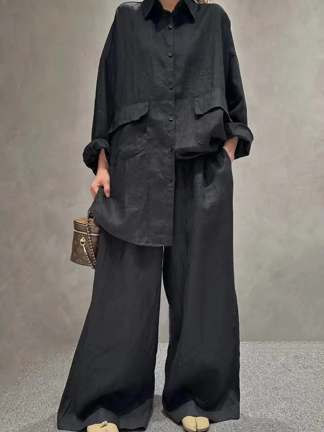 Maxct Linen Loose Shirt &Wide-Leg Pants 2-Pieces Suit