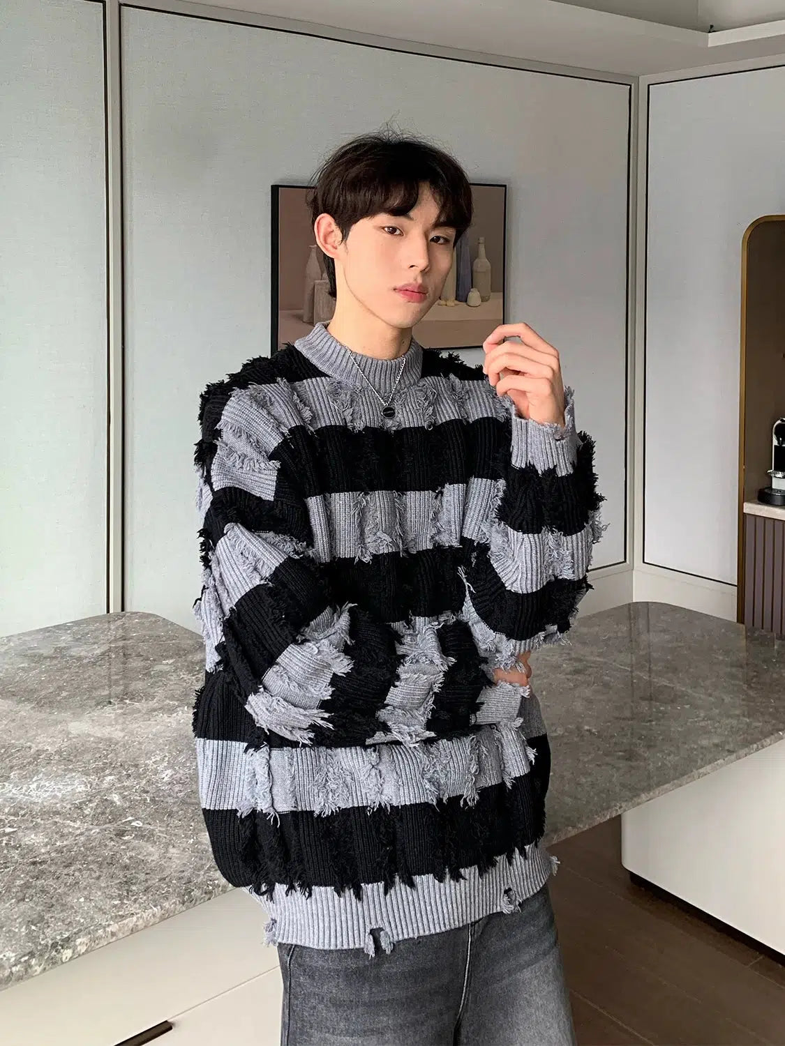Maxct Half Turtleneck Striped Destroyed Sweater