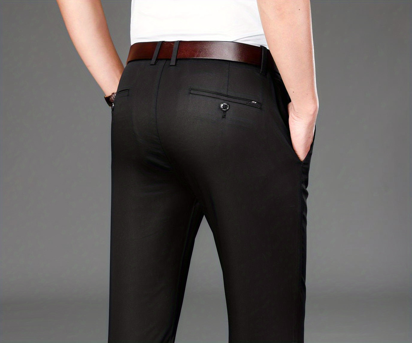 Classic Design Dress Pants, Men's Formal Solid Color Mid Stretch Dress Pants For Spring Summer Business