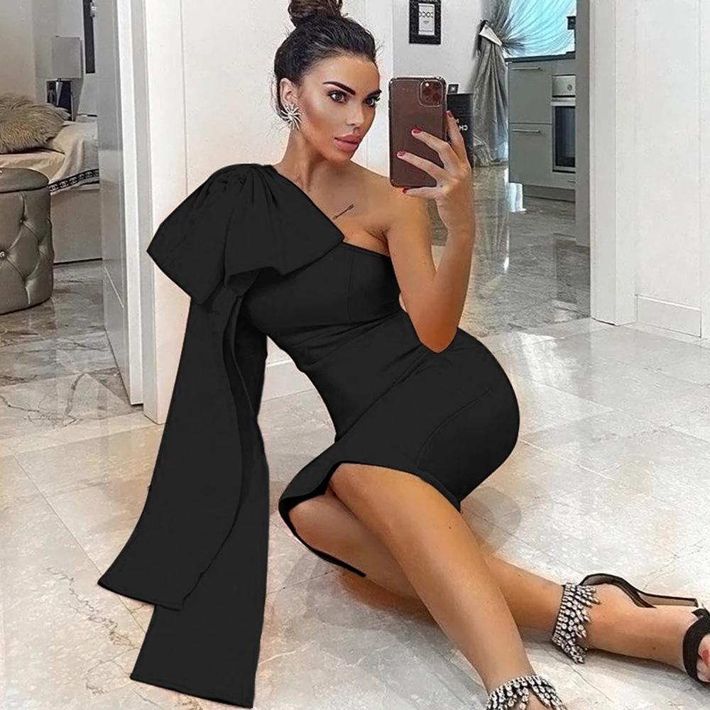 Maxct High-end Women's Rich And Golden Style Bandage Dress Three-dimensional Big Bow Shoulder Waisted Dinner Cocktail Dress