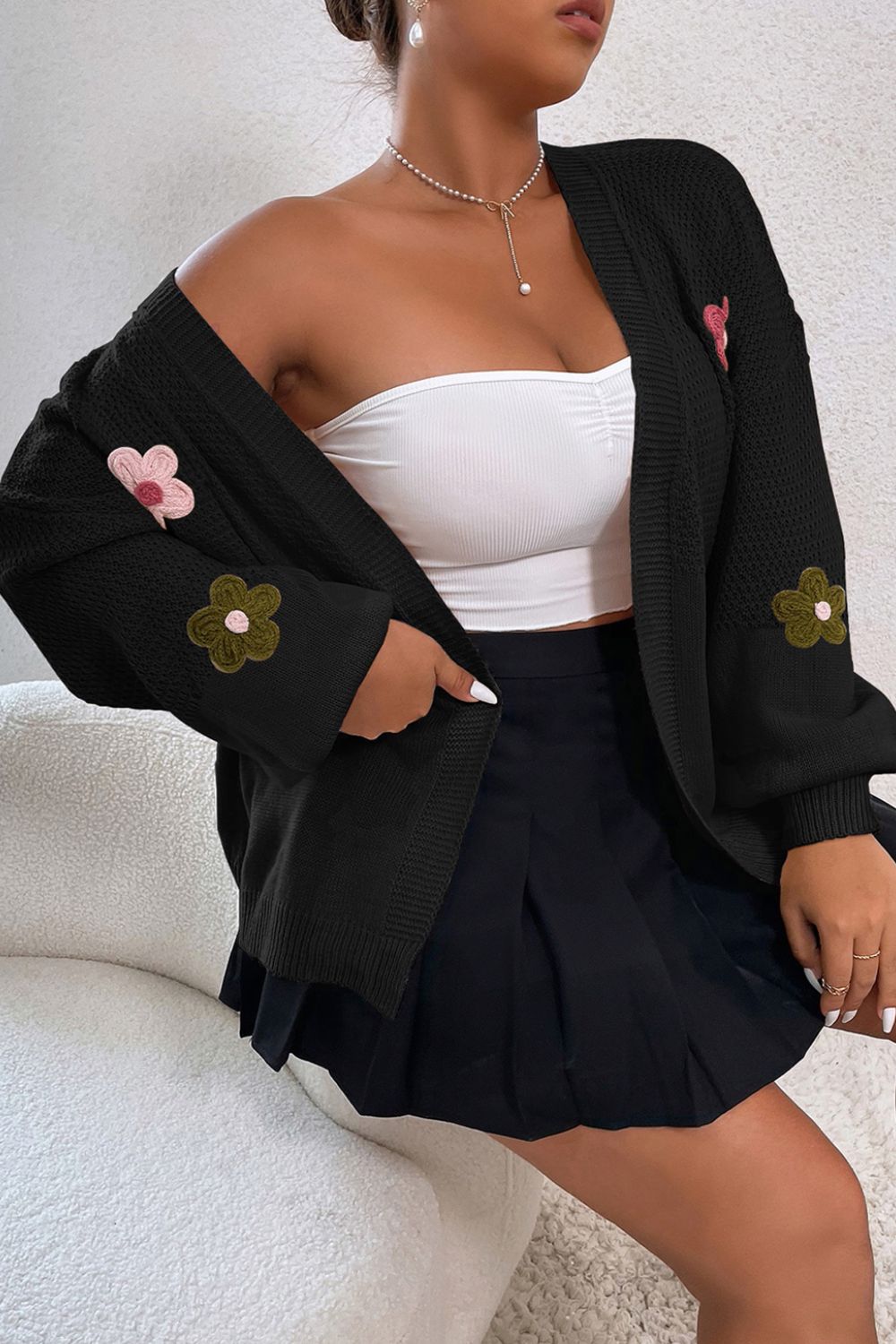 Maxct &Floral Applique Drop Shoulder Open Front Cardigan
