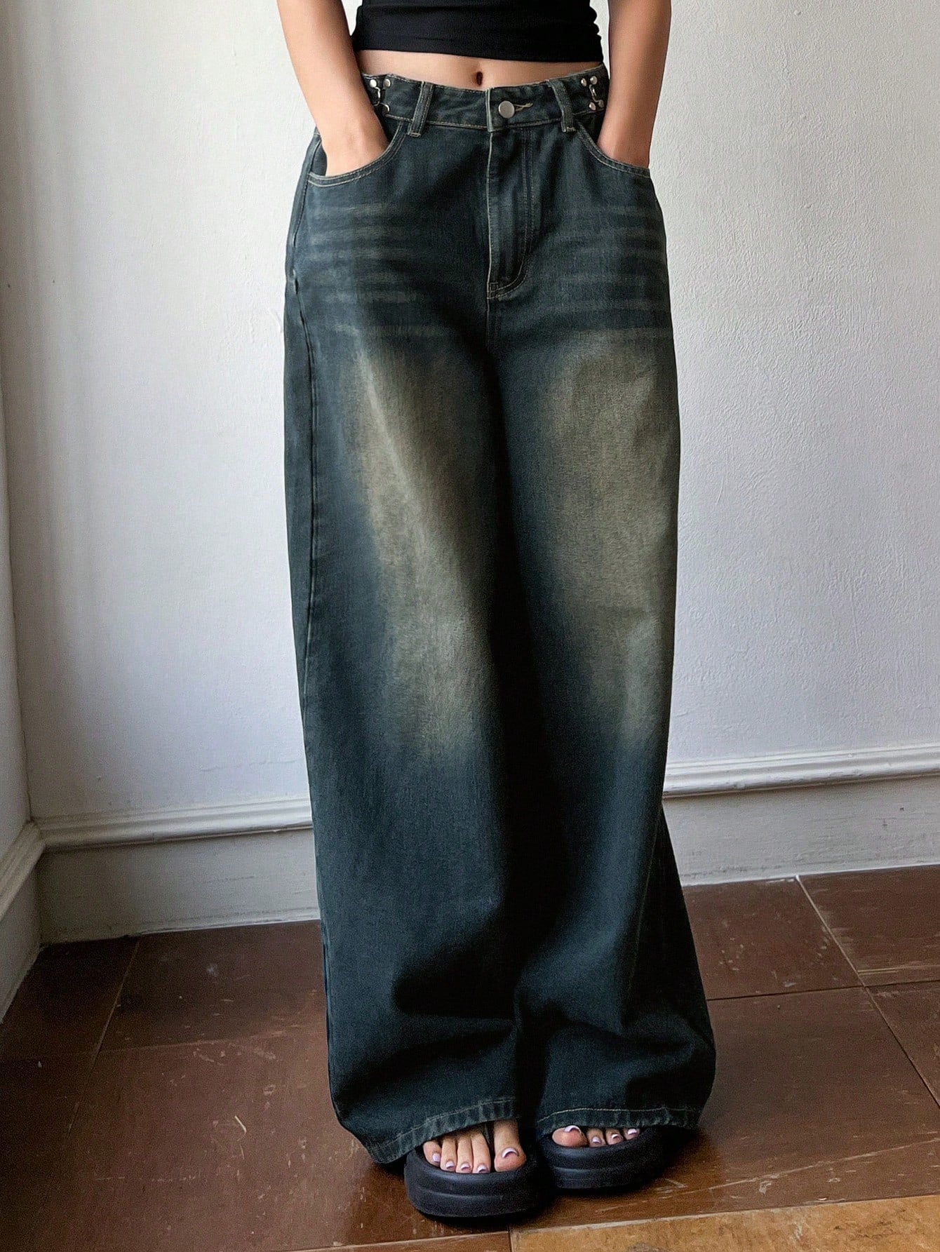 Maxct Women's Fashionable Solid Color Wide Leg Denim Pants