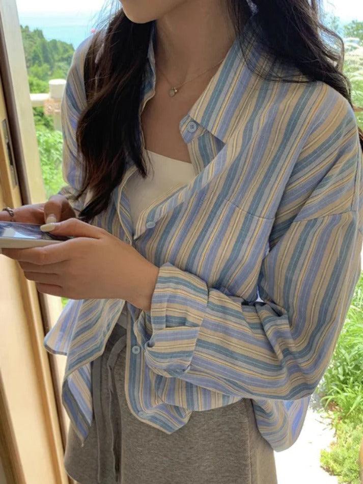 Maxct Contrast Color Striped Long Sleeve Blouse