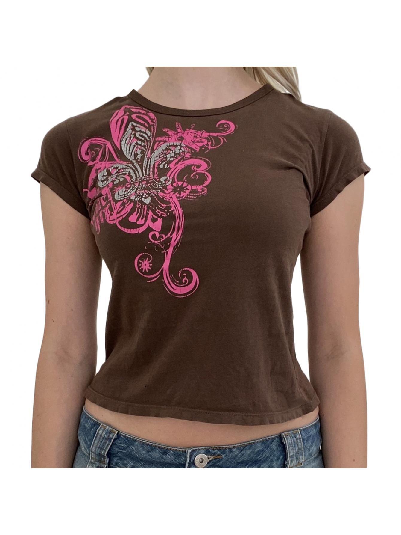 Maxct Womens Casual Short Sleeve T-shirt Vintage Printing Round Neck Exposed Navel Slim Fit Tops - Image 2