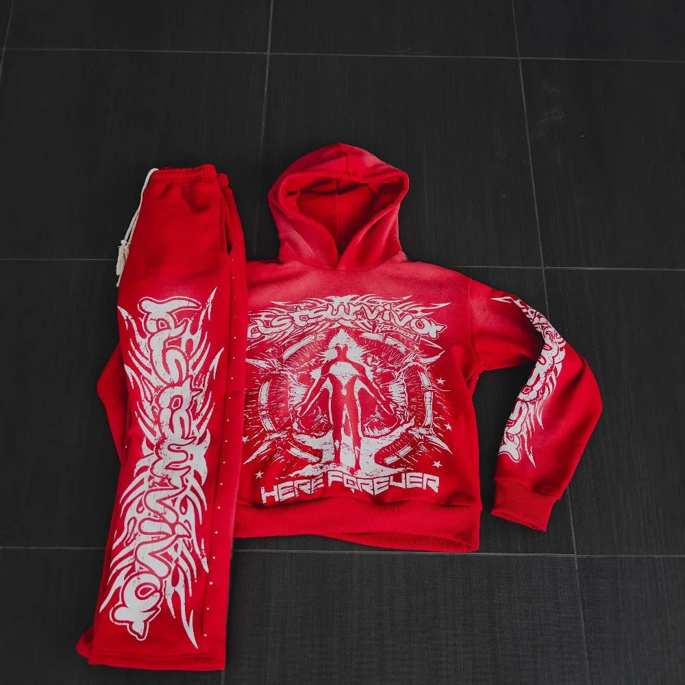 Maxct Y2k Sex Dark Punk Print Pattern Long Sleeved Pullover Hoodie Sweatshirt Casual Pants High Street Sweatpants Vintage Streetwear
