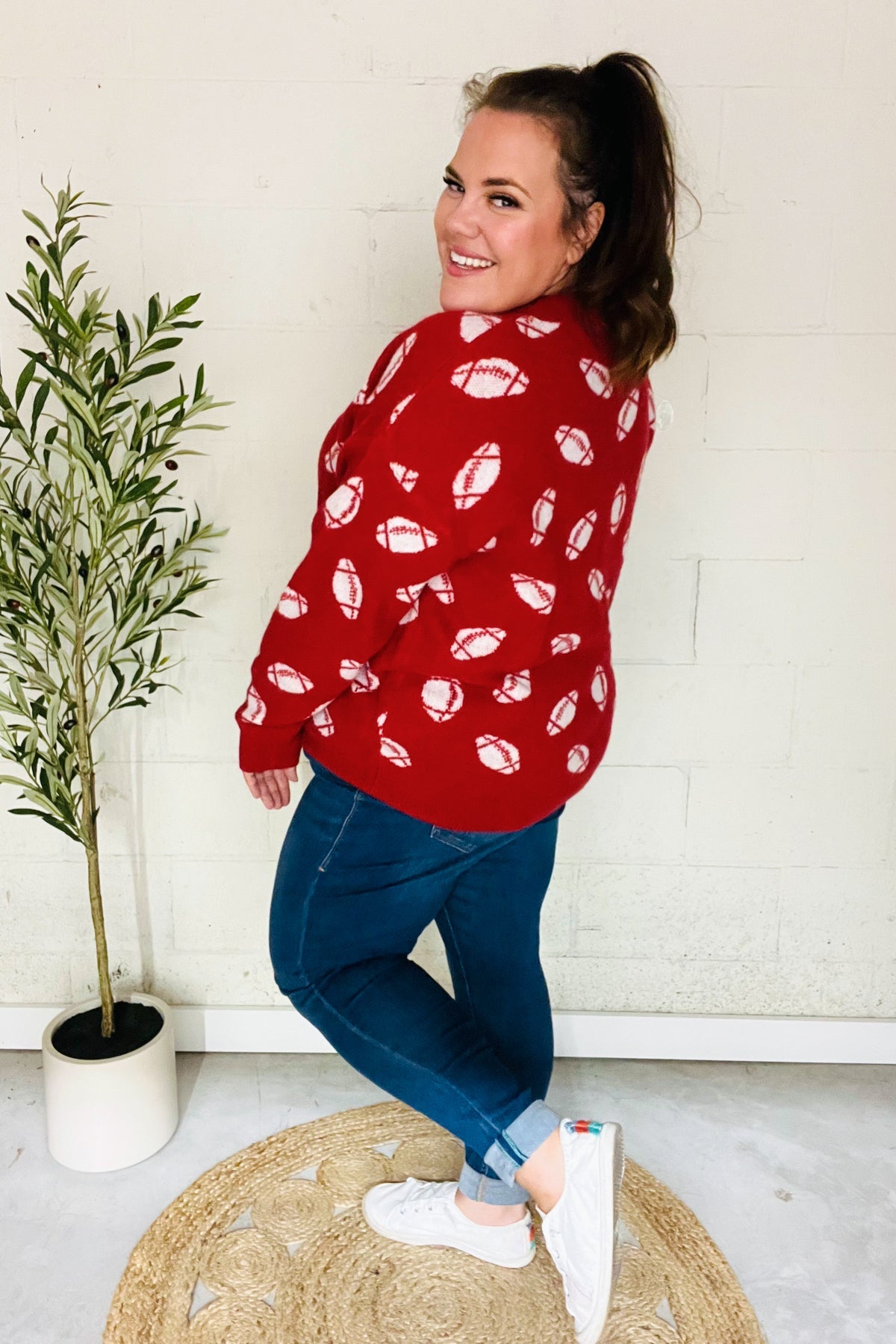 Maxct &Game Day Red Football Print Jacquard Knit Sweater