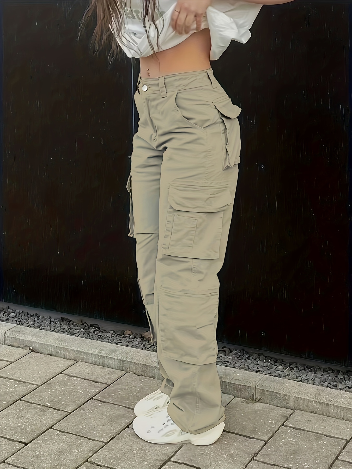 Plain High Rise Cargo Denim Pants, Loose Solid Color Retro Cargo Jeans, Street Casual Style, Women's Denim Jeans & Clothing