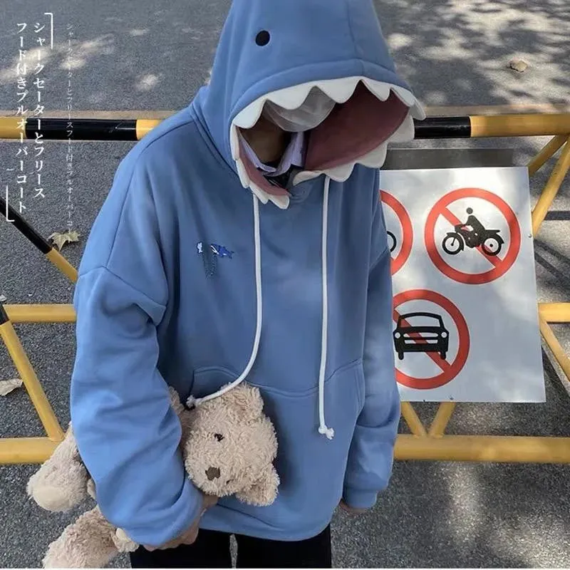 Maxct Funny Shark Patchwork Hoodies Autumn Kawaii Women's Sweatshirt Oversized Casual Long Sleeve Pullover cotton Couple y2k clothes