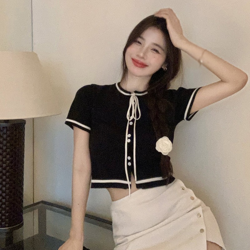 Maxct Knitted Short-sleeved Tops Crew Neck Casual Female Tee Short Coat Single-breasted Streetwear Top