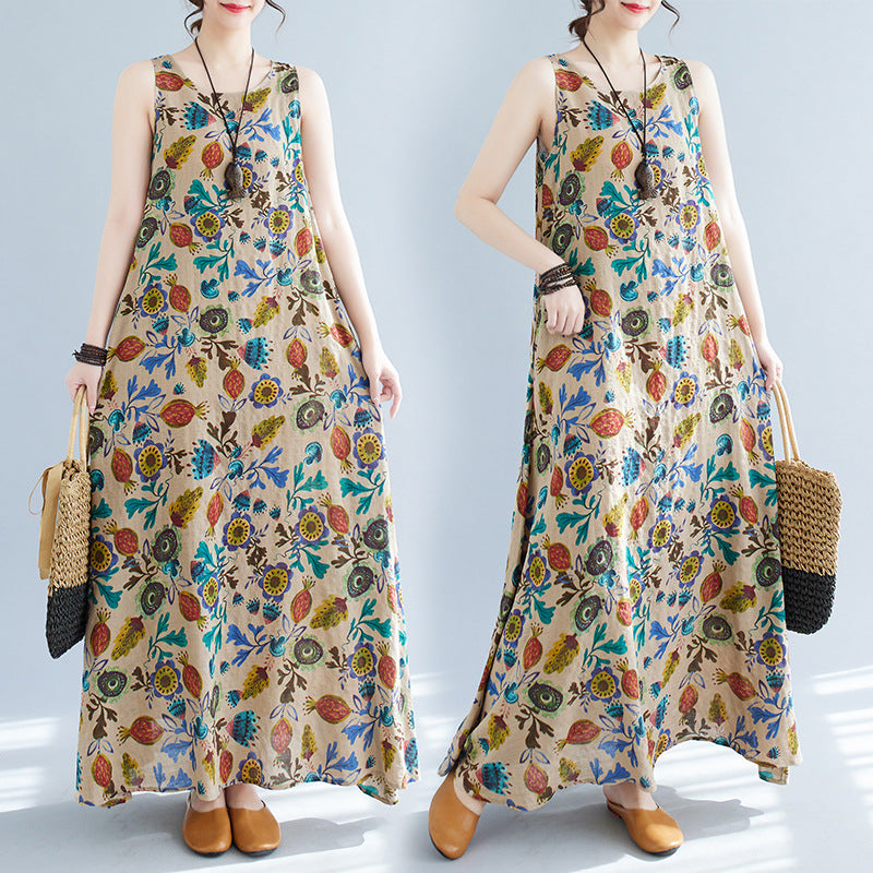 Women Summer Cotton Linen Round Neck Sleeveless Dress