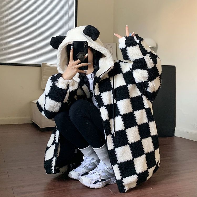 Checkered Cozy Bear Ears Zip-Up Hoodie for Women - true deals club