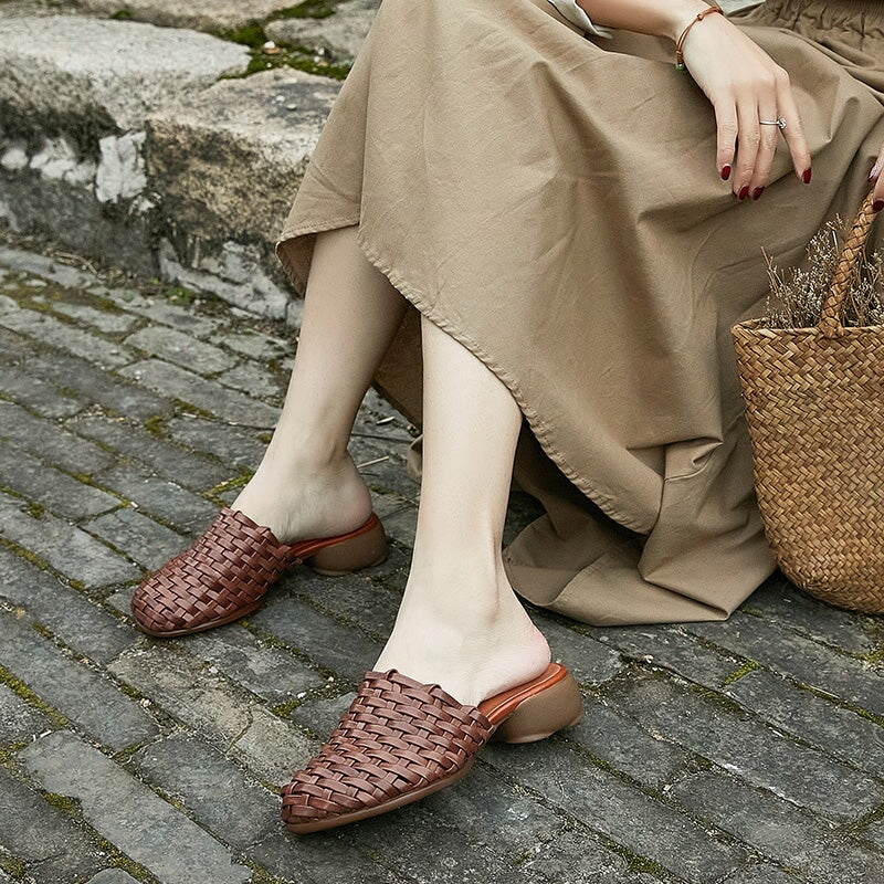 Woven Slippers Block Heel Mules Summer Slippers Maxct