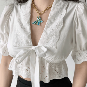 Maxct French Court Style Puff Sleeve Embroidered Tie White Shirt