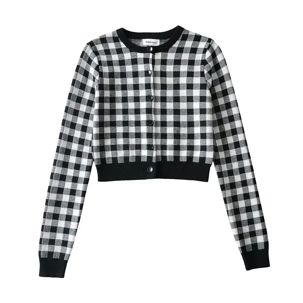 Maxct Checkered Button Front Knit Crop Cardigan