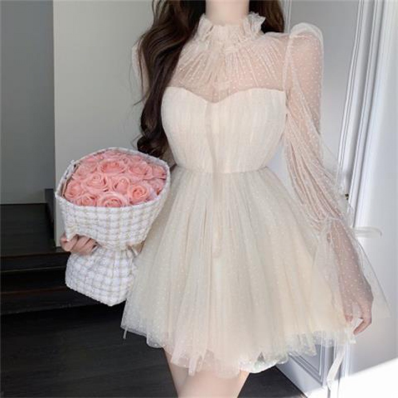 Maxct avant garde dress to impress Long Sleeve Polka Dot Mesh Stitching Tube Top Waist Slimming Pettiskirt Dress Women's Spring and Autumn New