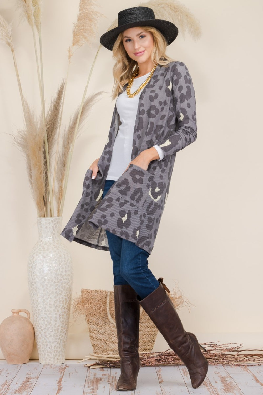 Maxct &Celeste Full Size Leopard Open Front Contrast Cardigan
