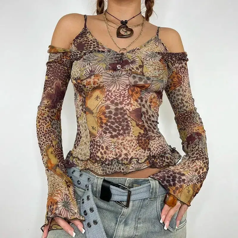 Maxct &Fairycore Floral Mesh Top