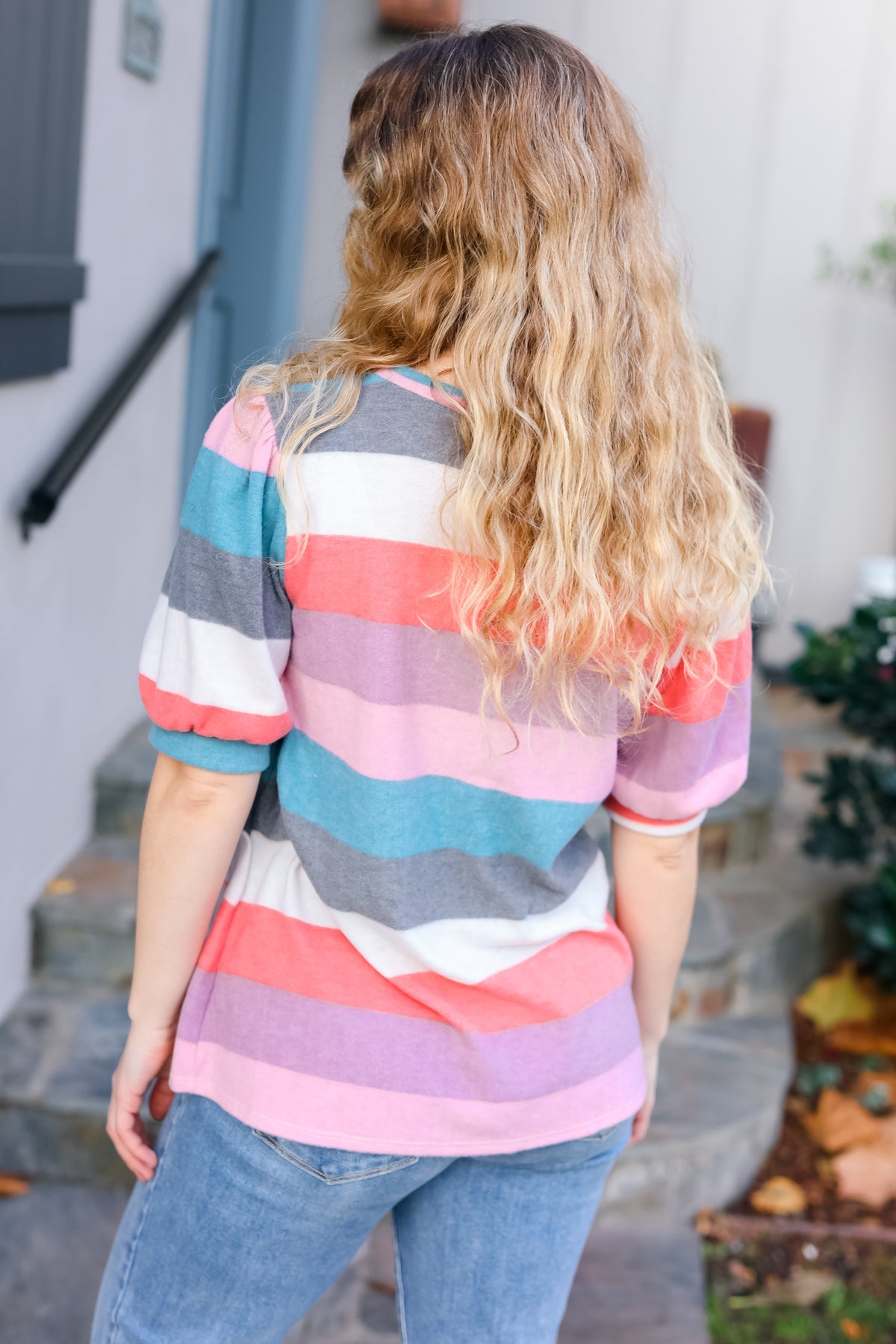 Maxct &Look Out Teal & Rose Striped Hacci Knit Puff Sleeve Top