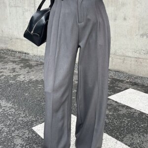 Maxct Women Plain Fold Pleated Wide Leg Suit Pants