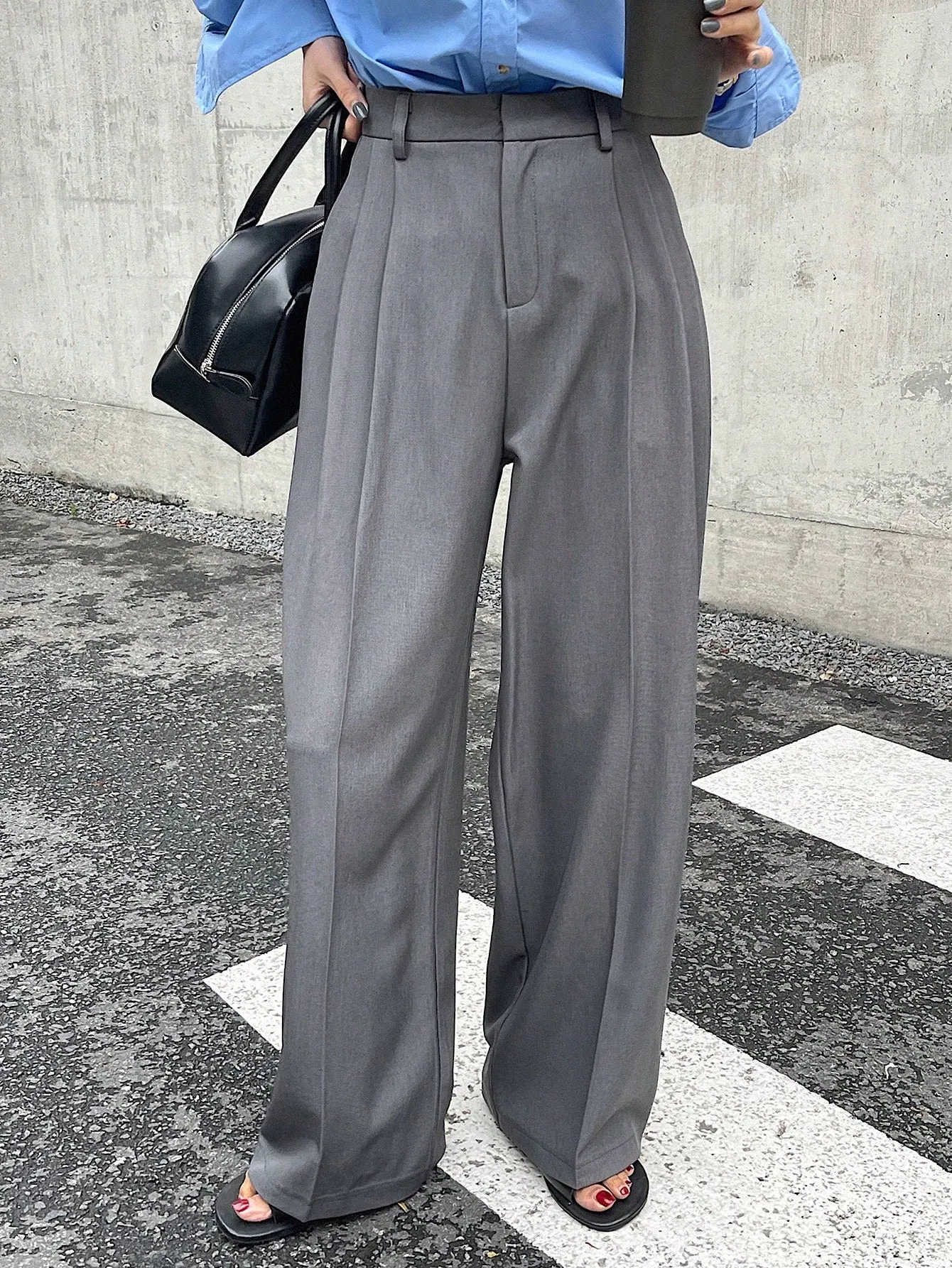 Maxct Women Plain Fold Pleated Wide Leg Suit Pants