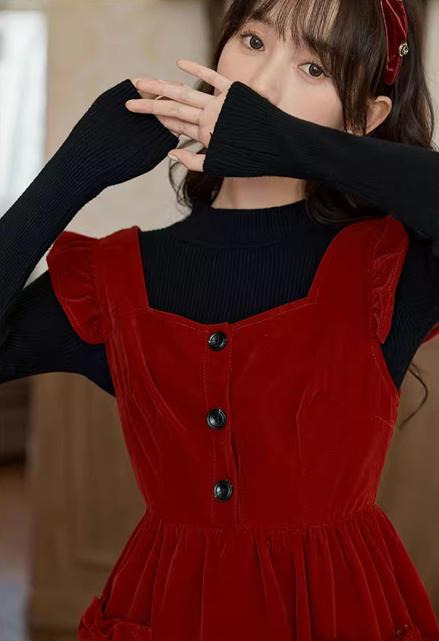 Velvet Frilly Bow Pinafore Dress Maxct