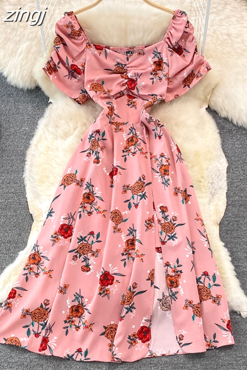 Maxct Vintage Women Printed Dresss Sexy Square Collar Short Puff Sleeve High Waist A-Line Vacation Beach Vestidos Female New