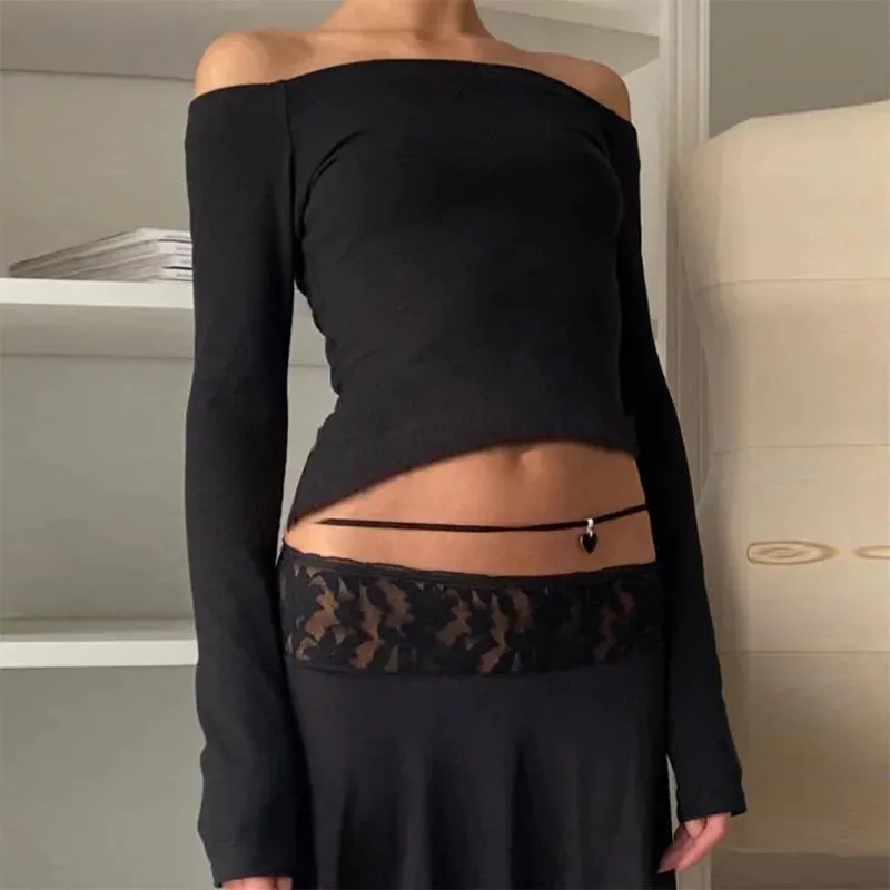 Maxct Autumn Spring Korean Off Shoulder T-shirt Chic Vintage Backless Slim Fit Crop Tops Women Fairy Coquette Tees Y2K Pretty Outfits