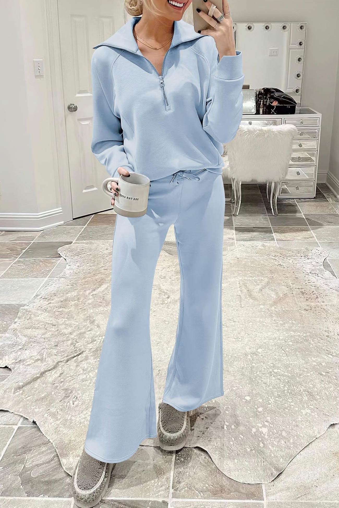 Maxct Lapel Zip-up Sweatshirt Wide Leg Long Pants Set