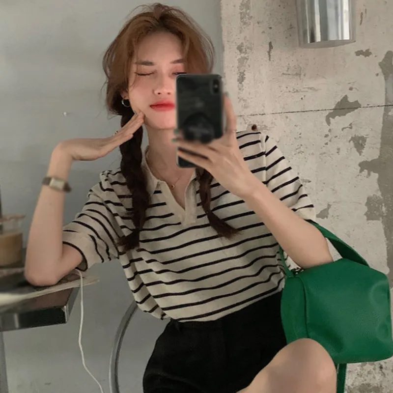 Maxct Women's Knitted Short Sleeve Top T-shirt Loose French Stripe Shirt