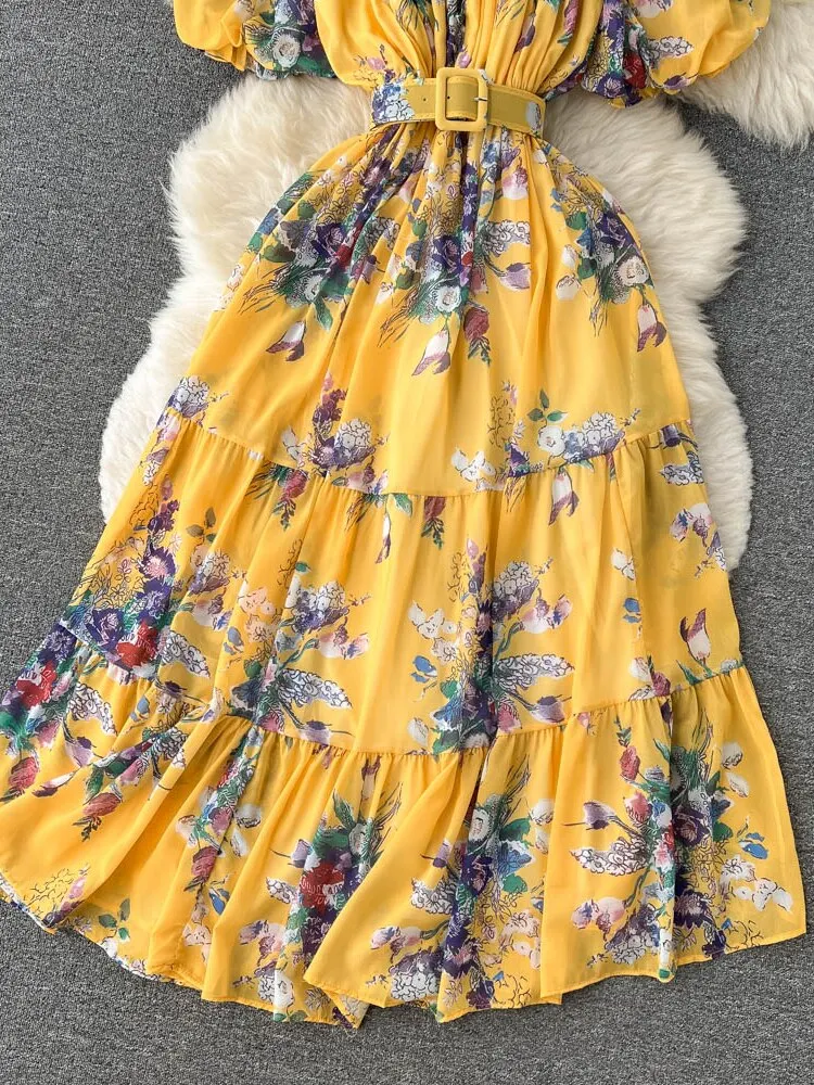 Maxct Bohemian Floral Chiffon Long Dress Women Sexy Off Shoulder Ruffle Puff Short Sleeve High Waist A-Line Big Swing Vestidos