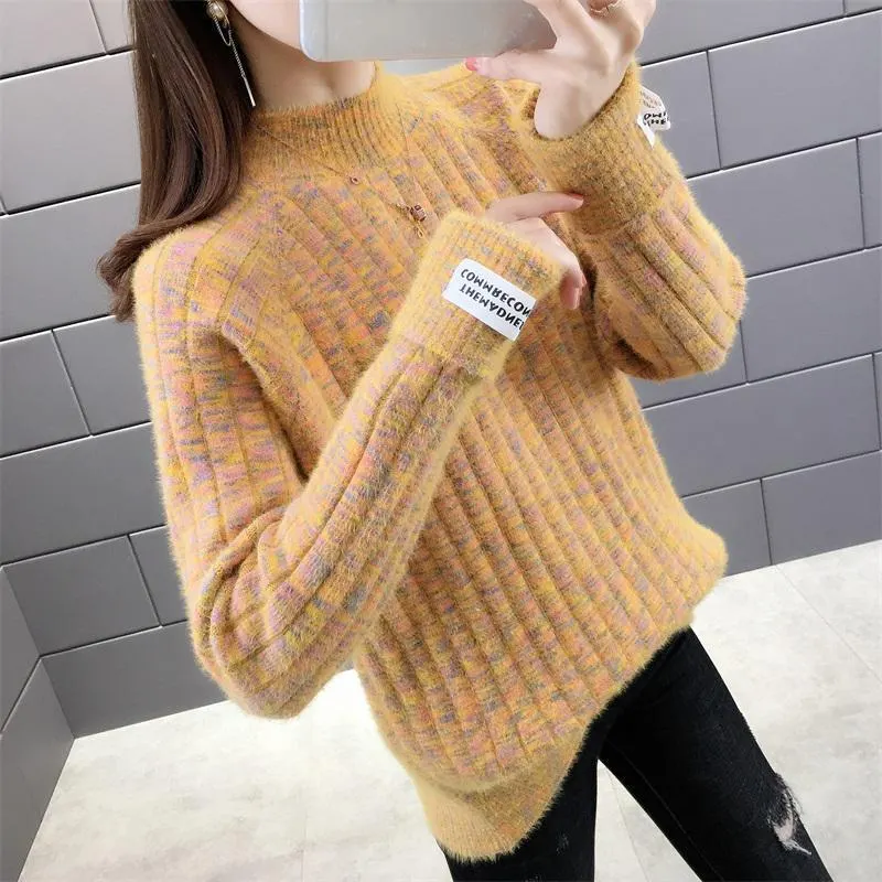 Maxct Winter Half High Collar Imitation Mink Velvet Sweater Female Loose Casual All-match Knitting Jumper Top Women Pullovers