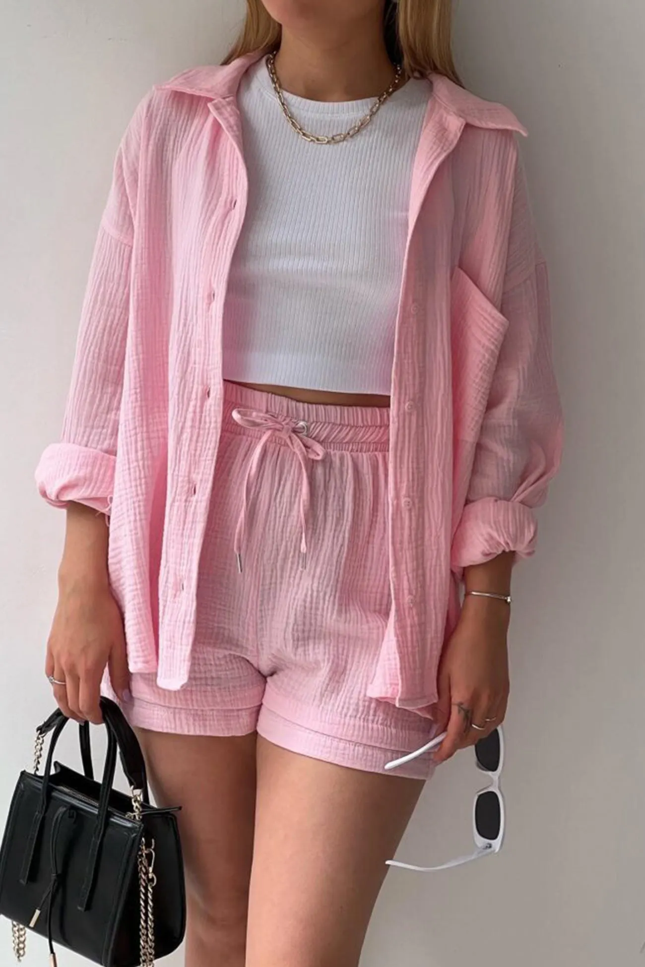 Maxct Long Sleeve Solid Color Shirt Shorts Set