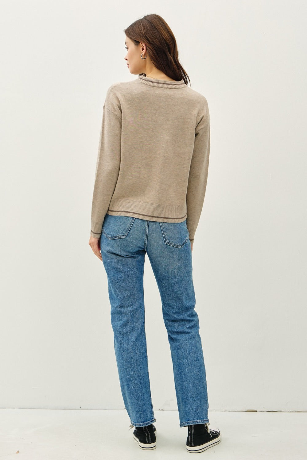 Maxct &Be Cool Striped Trim Round Neck Long Sleeve Sweater