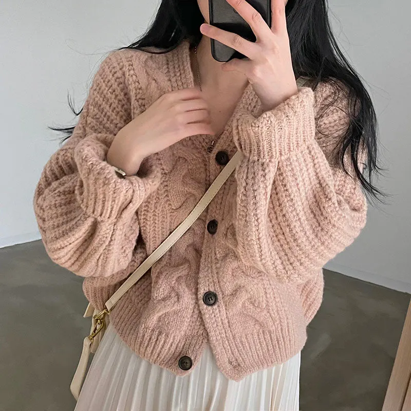 Maxct Solid V Neck Puff Sleeve Cable Knit Cardigan