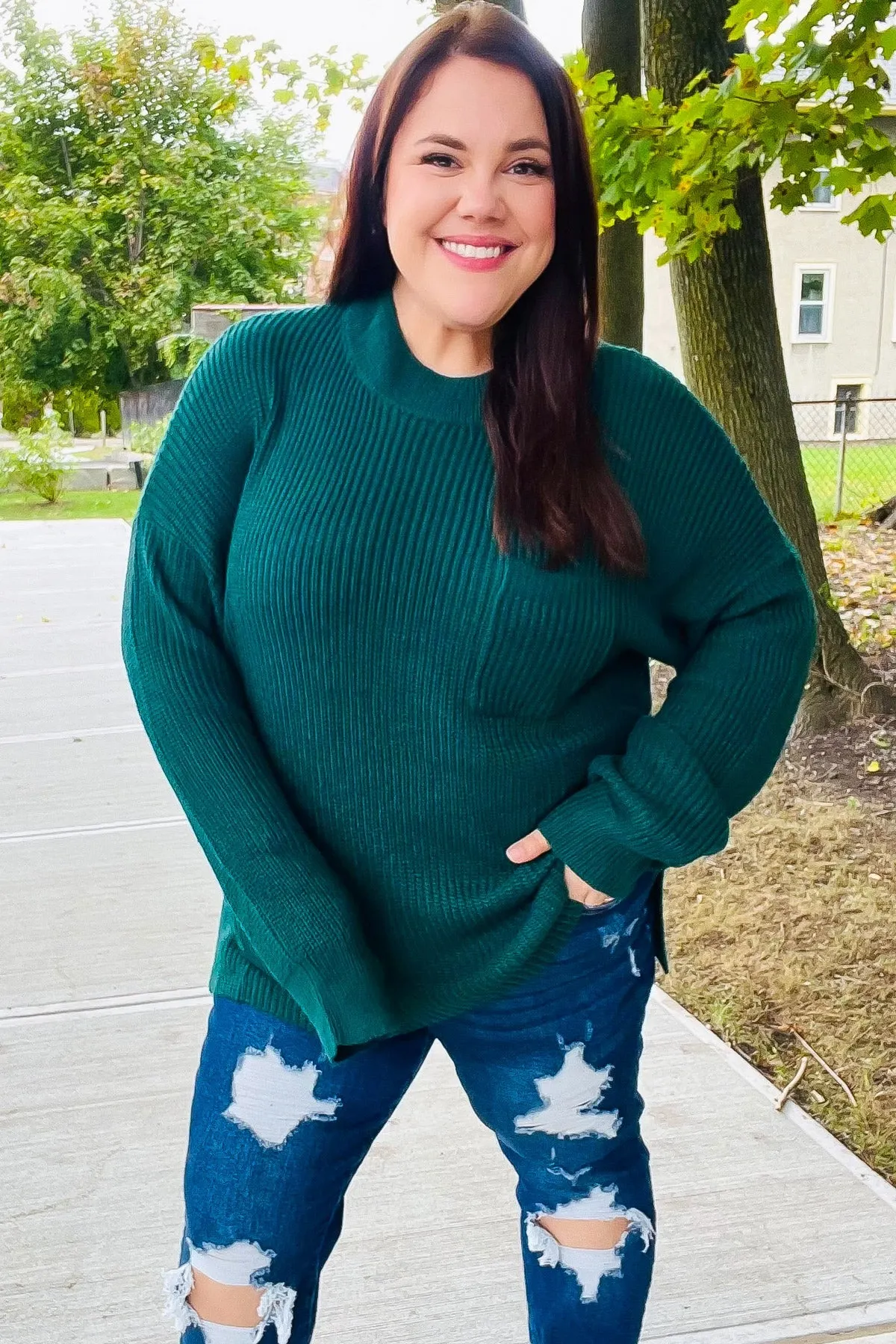 Maxct &Classy Chic Hunter Green Mock Neck Chest Pocket Knit Sweater