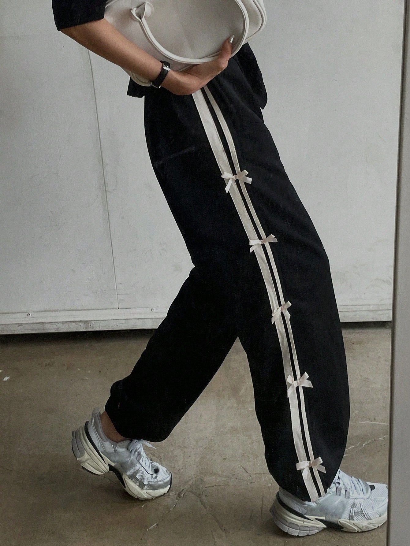 Maxct Elastic Waist Decorated Long Harem Pants With A Loose Fit And Woven Ribbon Bow For Women