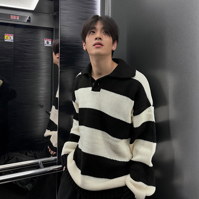 Maxct 6628 Striped Knitted Button-Up Shirt Sweater