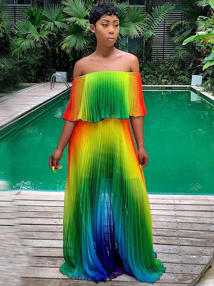 Off Shoulder Colorful Ombre Pleated Maxi Dress Maxct
